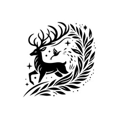 Elegant leaping stag silhouette with a bird and magical floral ornaments.