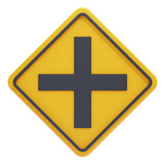 Isolated 3d rendering of a yellow intersection road sign on black background for transportation and safety designs