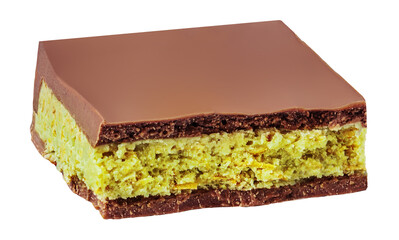 Flying Dubai Chocolate pieces isolated on white. Explosion of Chocolate with pistachio paste and kadayif. Trendy Dubai chocolate Top view. Flat lay.