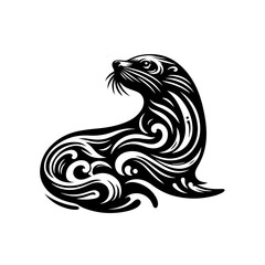Elegant sea lion logo with decorative swirls.
