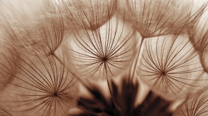 Close-up of dandelion seed head, sepia tone.  Detailed intricate patterns of seed spokes radiating from central core.  Soft, muted light highlights the texture