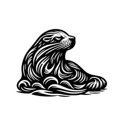 Elegant sea lion in a stylized black and white illustration.