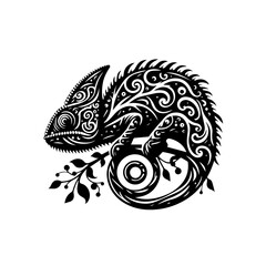 Intricate black chameleon illustration with ornamental tribal patterns.