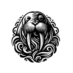 Ornate Walrus Head Graphic Illustration with Tusks.