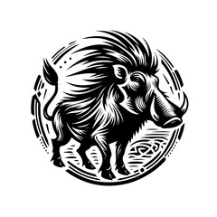 Powerful wild boar in a circular tribal emblem.