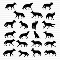 A collection of black wolf and canid silhouettes in various dynamic poses like walking, running, and howling.