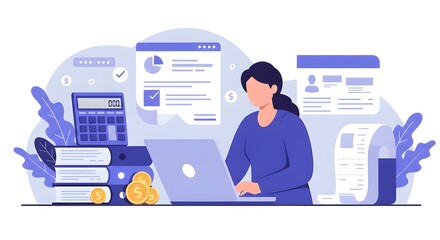 Obraz premium Dedicated Accountant Balancing Books With Calculator, Receipts, And Laptop In Organized Office, Managing Financial Records, Bookkeeping, Expense Tracking, And Ensuring Accurate Accounting