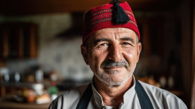 A portrait of a male Turkish chef wearing a traditional fes hat and a clean apron