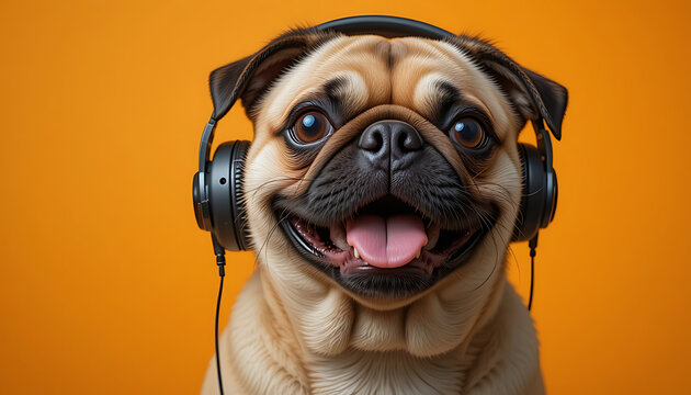 A cute pug wearing large black headphones with a bright orange background, showing its playful and adorable face. 4K HD image.