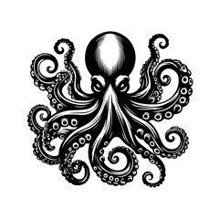 Stylized black octopus illustration with curling tentacles.