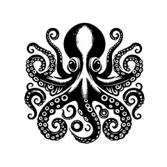 Symmetrical black octopus illustration with ornate curling tentacles.