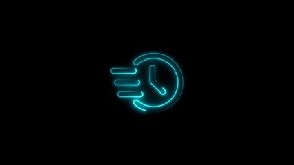 Animated neon clock icon showing time passing quickly with motion blur effect on black background