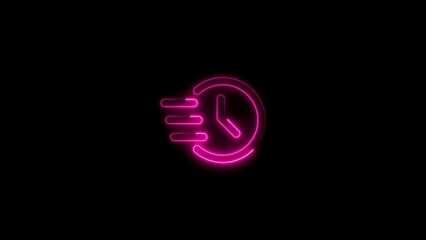 Pink neon clock icon indicating speed deadline and time management on black