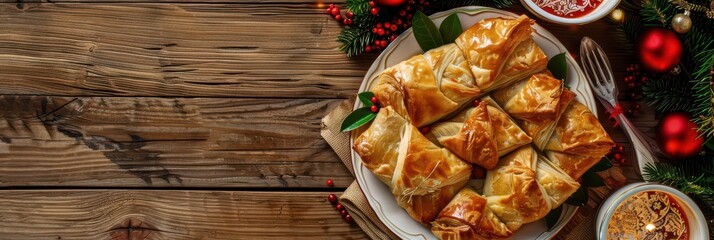 Traditional bulgarian pastries with festive decorations for independence day celebration. Traditional bulgarian food. Horizontal banner. Copy space