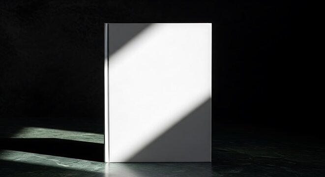 White book cover mockup with dramatic lighting on dark marble surface