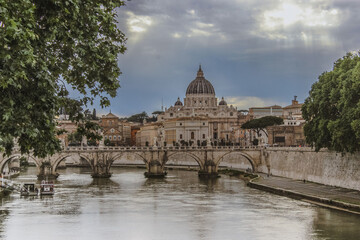 St. Peter's Basilica and Ponte Sant'Angelo over Tiber River in Rome, Italy