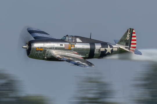 P-47 Thunderbolt in Polished Livery Making Low-Level High-Speed Pass