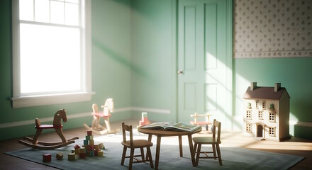 Fototapeta premium Bright Vintage Kids Playroom with Wooden Toys and Natural Light