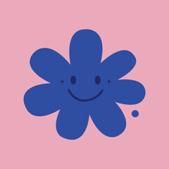  Smiling flower shape, Playful abstract flower icon with cute cartoon face and rounded petals drawn in bold blue on pink