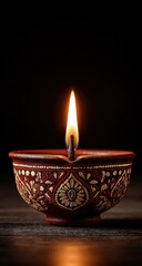 Close-up of a lit clay diya, intricate designs