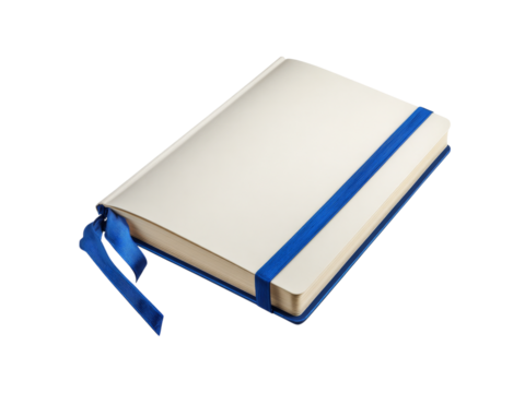 Blank cream notebook with blue ribbon bookmark isolated on black, Isolated On White Background, Png Transparent