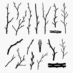 A collection of black silhouettes showing various bare tree branches, sticks, and twigs on a transparent background.