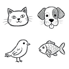 Fototapeta premium Illustration set of cute animal icons: cat, dog, bird, fish