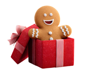  Gingerbread Man Peeking Out of Gift Box with Icing Decorations, Holiday Surprise Concept, Isolated on Transparent Background PNG 