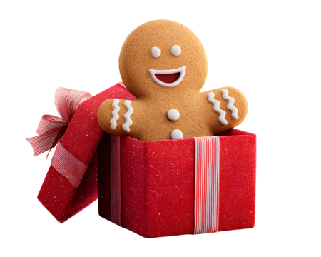  Gingerbread Man Peeking Out of Gift Box with Icing Decorations, Holiday Surprise Concept, Isolated on Transparent Background PNG 