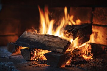 Burning firewood in a brick fireplace.  Warm, inviting flames