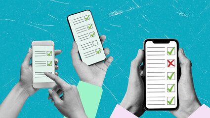 Art collage, Multiple hands interacting with smartphones displaying task lists against a blue...