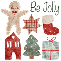 Cozy Christmas watercolor with gingerbread, gift, tree, and stocking..Cheerful design for festive greeting or holiday card..Perfect mix of cute, traditional, and playful elements.