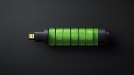 A 3D render of a fully charged battery icon with a glowing green power level indicator. A concept for energy, technology, and charging.