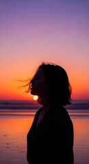 Captivating silhouette of a woman standing by the peaceful ocean, her profile illuminated by the dramatic and colorful hues of a stunning sunset, evoking feelings of calm and natural beauty at dusk