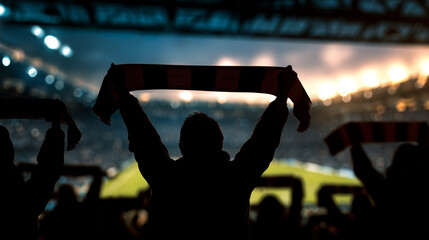 A back view of a silhouette of football fans holding football scarves over their heads, arms raised, scarves stretched out, night match atmosphere