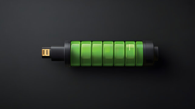A 3D render of a fully charged battery icon with a glowing green power level indicator. A concept for energy, technology, and charging.
