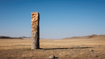 Large, light-brown stone obelisk in vast, dry plain