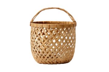 Small, light-brown, woven bamboo basket with a single handle