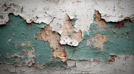 Peeling paint on an aged, weathered wall.  Cracked and layered colors of muted teal, beige, and white