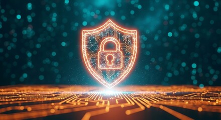 Cybersecurity Shield: Abstract Digital Network Protection Concept; Glowing Orange and Teal.