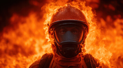 Firefighter in full protective gear surrounded by bright flames, intense fire emergency scene with glowing orange background and safety helmet