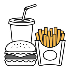 Burger, Fries, and Drink A black-and-white illustration of a classic fast-food combo, including a juicy burger, crispy fries, and a refreshing drink. 