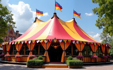 A festive Oktoberfest beer tent decorated with Bavarian flags and banners. High quality