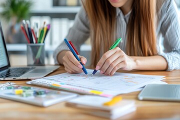 Woman planning schedule with colorful pens
