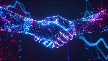 A futuristic glowing handshake symbolizes digital partnership and collaboration within a network of interconnected data and technology on a dark background.