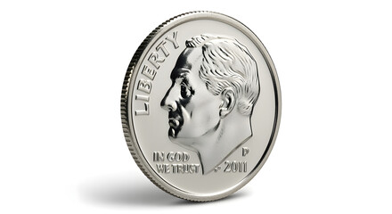 Isolated Silver Dime Coin Close Up on White Backdrop with Shadow Featuring a Person and Inscriptions