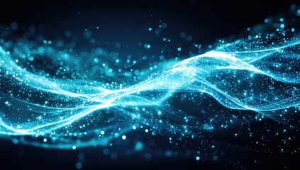 Azure waves of light particles against a dark background