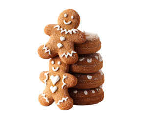 Tiny Gingerbread Men Stacked in a Cookie Tower, Festive Dessert Concept, Top-Down View, Isolated on Transparent Background PNG 