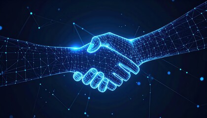 Digital handshake signifies agreement and collaboration through interconnected network representing future of technology and global partnerships in a modern world.
