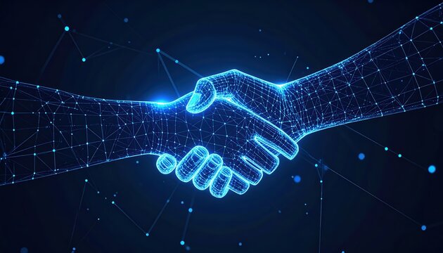 Digital handshake signifies agreement and collaboration through interconnected network representing future of technology and global partnerships in a modern world.